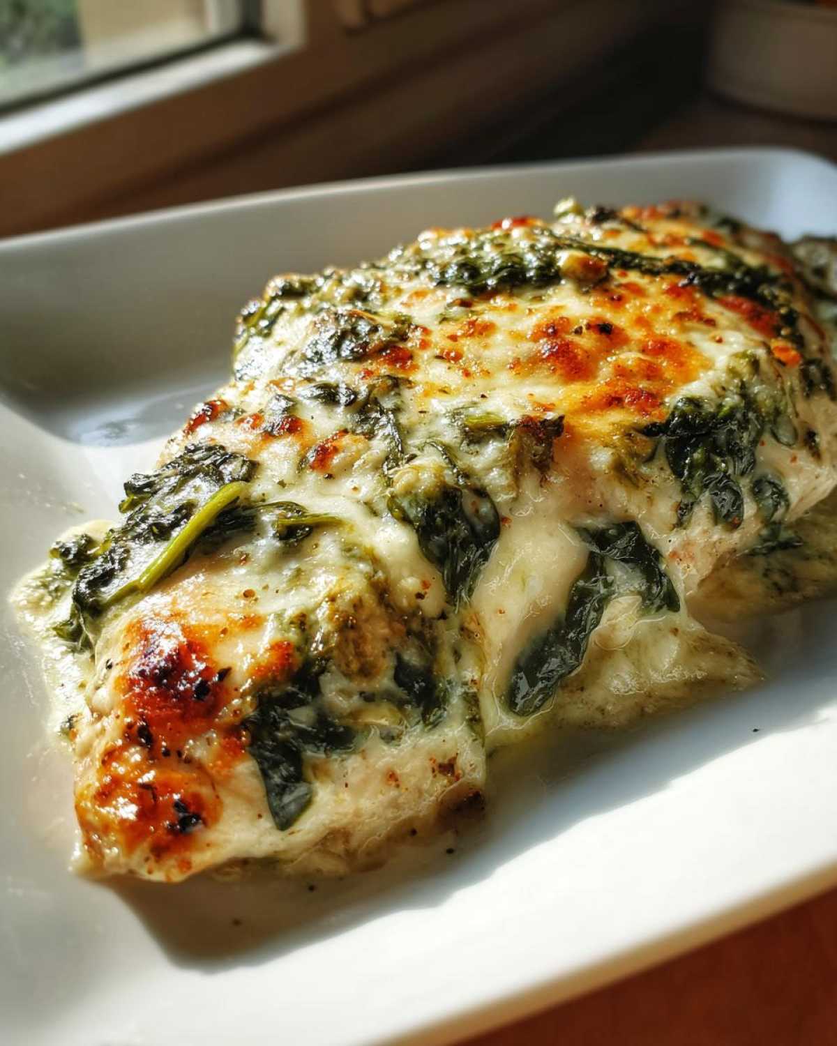 A baked chicken breast topped with melted cheese, spinach, and creamy garlic herb sauce, part of the Keto Creamy Garlic Herb Chicken Bake.