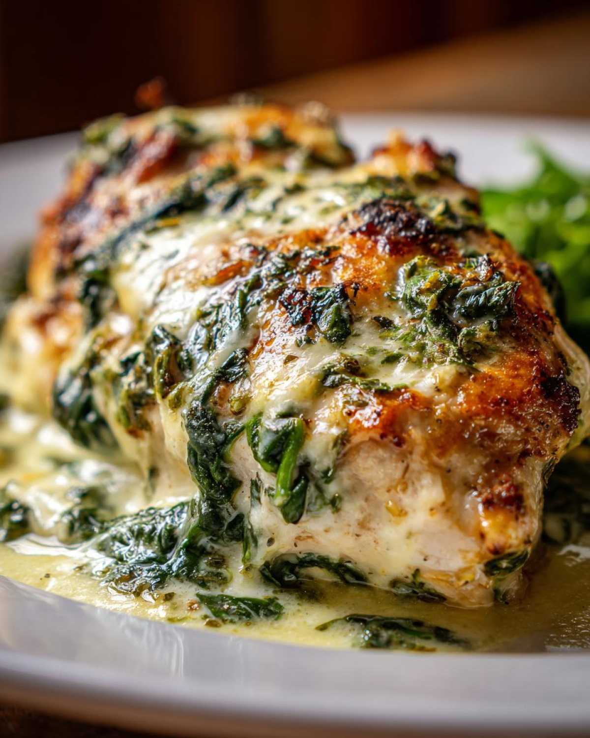 Close-up of a juicy Keto Creamy Garlic Herb Chicken Bake covered in rich, cheesy spinach sauce.