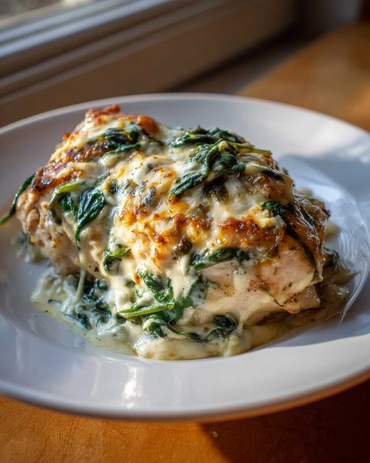 Close-up of a serving of Keto Creamy Garlic Herb Chicken Bake topped with melted cheese and spinach.