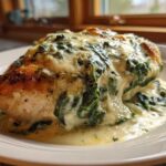 A perfectly cooked chicken breast topped with rich, creamy garlic herb sauce and spinach, ready to eat in our Keto Creamy Garlic Herb Chicken Bake.