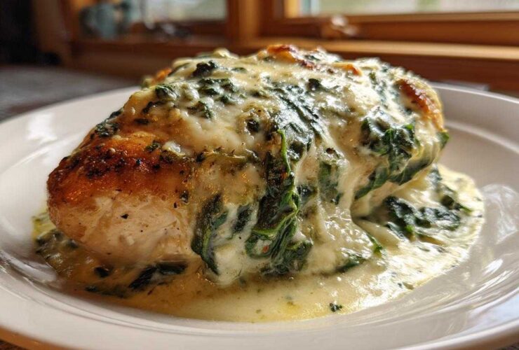A perfectly cooked chicken breast topped with rich, creamy garlic herb sauce and spinach, ready to eat in our Keto Creamy Garlic Herb Chicken Bake.