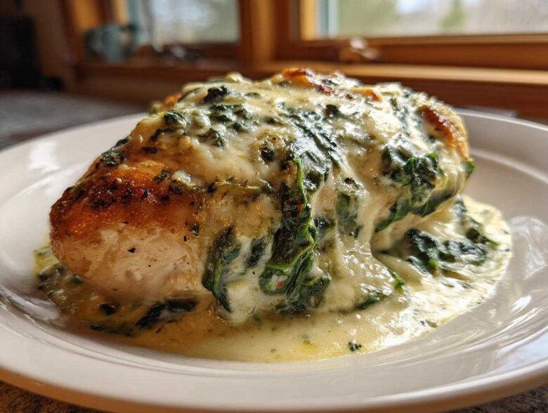 A perfectly cooked chicken breast topped with rich, creamy garlic herb sauce and spinach, ready to eat in our Keto Creamy Garlic Herb Chicken Bake.