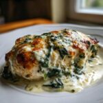 A close-up of a juicy chicken breast covered in melted cheese and creamy spinach sauce, part of the Keto Creamy Garlic Herb Chicken Bake.