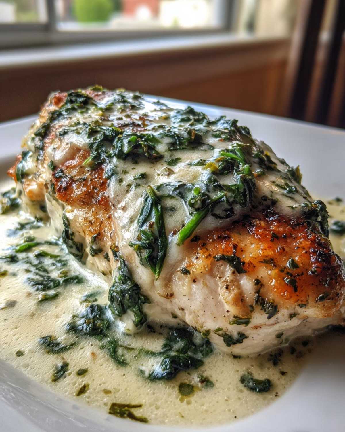 Close-up of a perfectly seared chicken breast smothered in creamy garlic herb sauce with spinach, part of the Keto Creamy Garlic Herb Chicken Bake.
