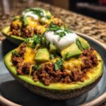 Close-up of a Keto Taco Stuffed Avocado filled with seasoned ground beef, melted cheese, and topped with sour cream.