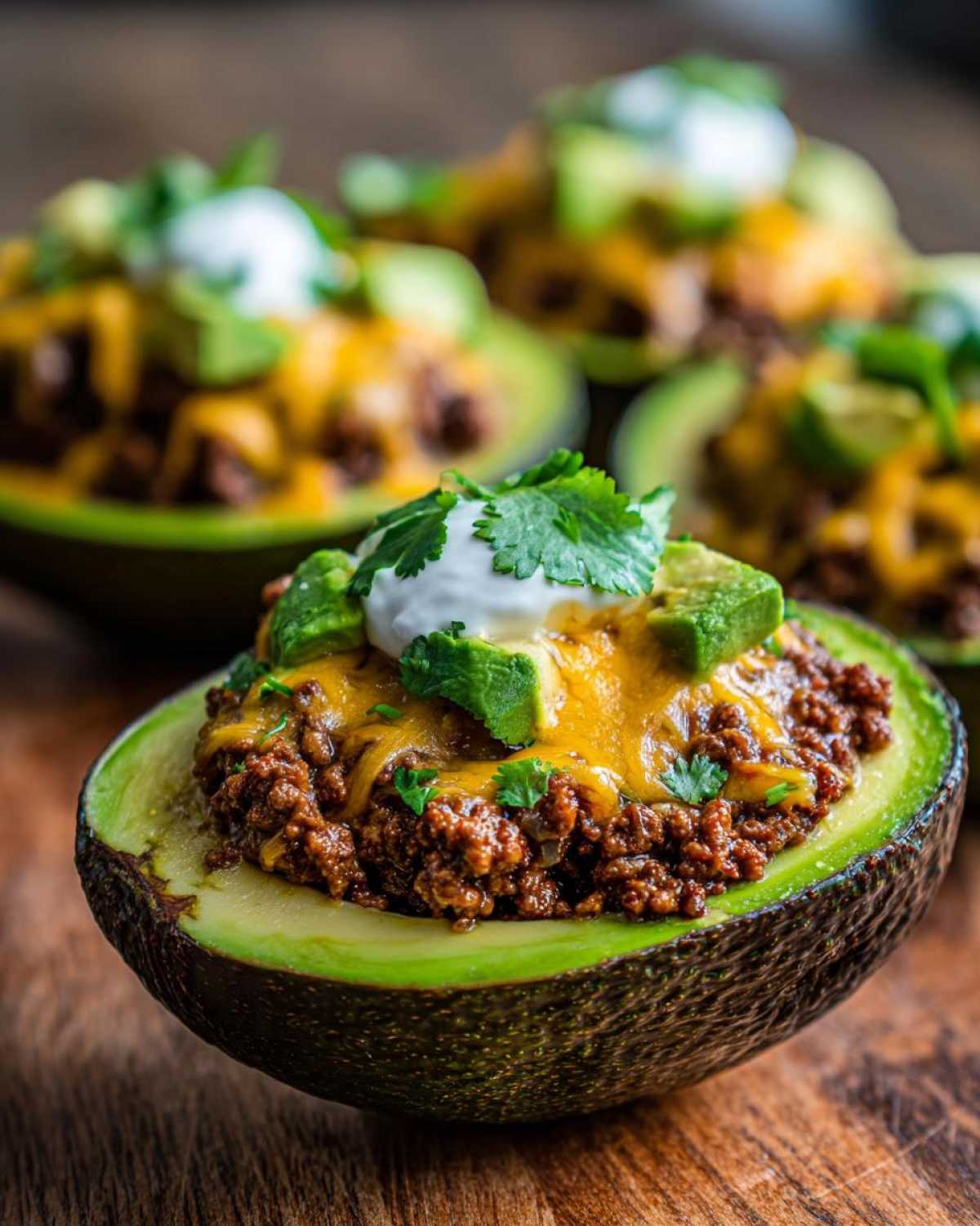 A close-up of one Keto Taco Stuffed Avocado filled with seasoned ground meat, melted cheese, sour cream, and cilantro.