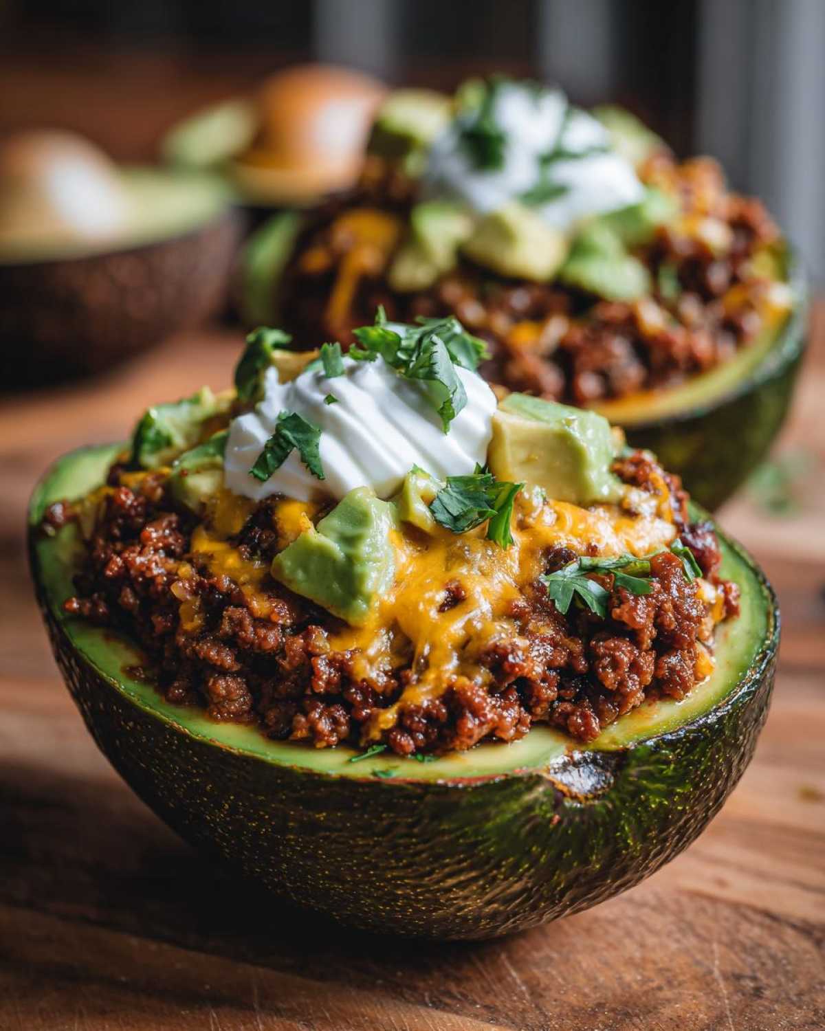 Close-up of a Keto Taco Stuffed Avocado filled with seasoned ground meat, melted cheese, avocado chunks, and sour cream.