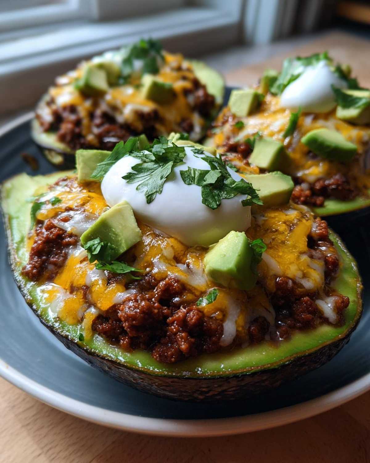 Close-up of Keto Taco Stuffed Avocados filled with seasoned ground meat, melted cheese, sour cream, and diced avocado.