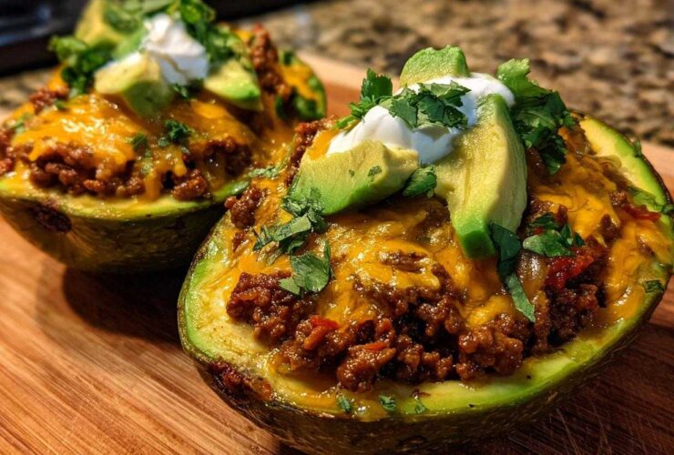 Two halves of Keto Taco Stuffed Avocados filled with seasoned ground meat, melted cheese, and topped with sour cream, avocado slices, and cilantro.