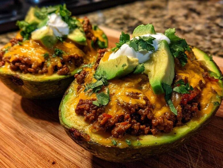 Two halves of Keto Taco Stuffed Avocados filled with seasoned ground meat, melted cheese, and topped with sour cream, avocado slices, and cilantro.