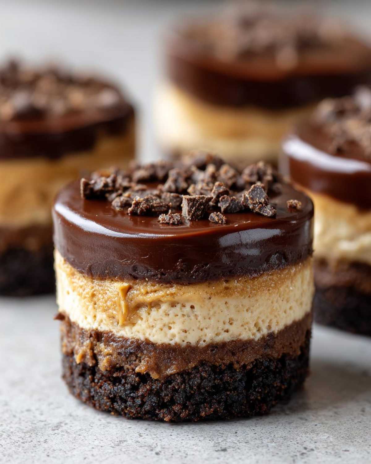 A close-up of a layered No-Bake Chocolate Peanut Butter Cheesecake Cup with a chocolate topping.