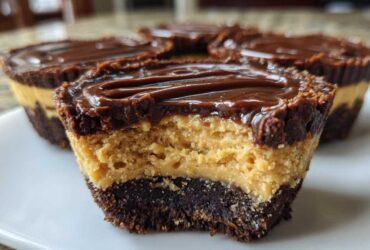 Close-up of a No-Bake Chocolate Peanut Butter Cheesecake Cup with a bite taken out, showing the layers.