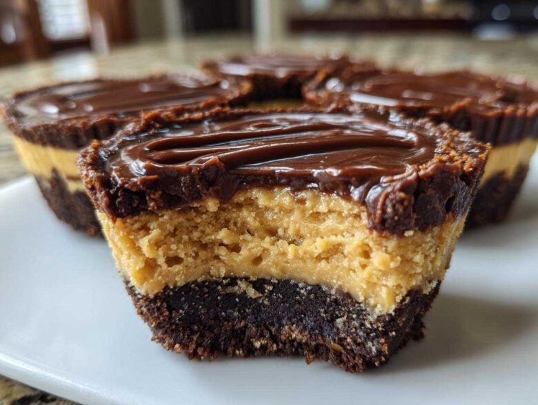 Close-up of a No-Bake Chocolate Peanut Butter Cheesecake Cup with a bite taken out, showing the layers.