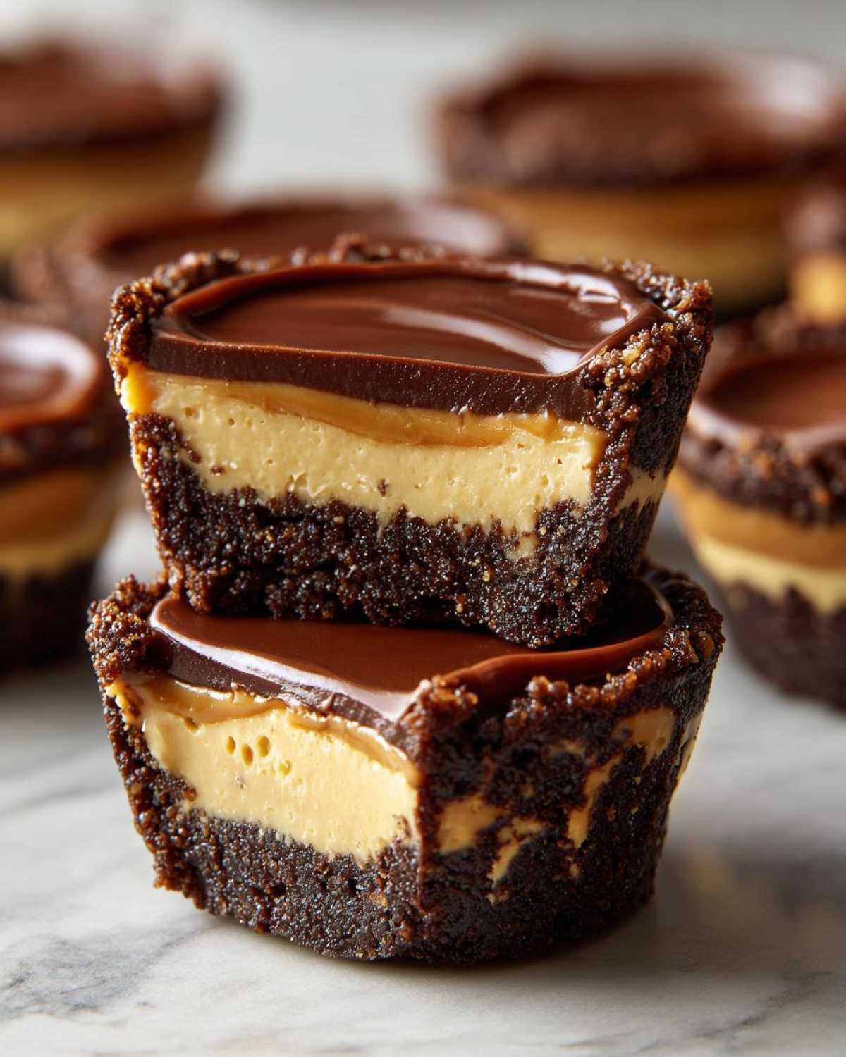 Two No-Bake Chocolate Peanut Butter Cheesecake Cups stacked, showing the dark crust, peanut butter filling, and chocolate topping.