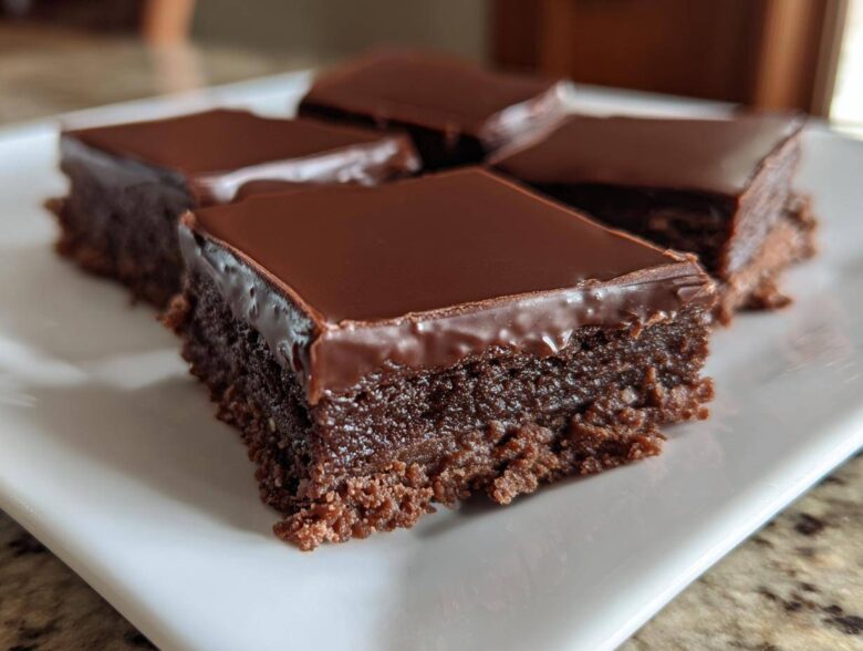 Four rich squares of No-Bake Espresso Chocolate Fudge Squares with a shiny chocolate glaze on a white plate.