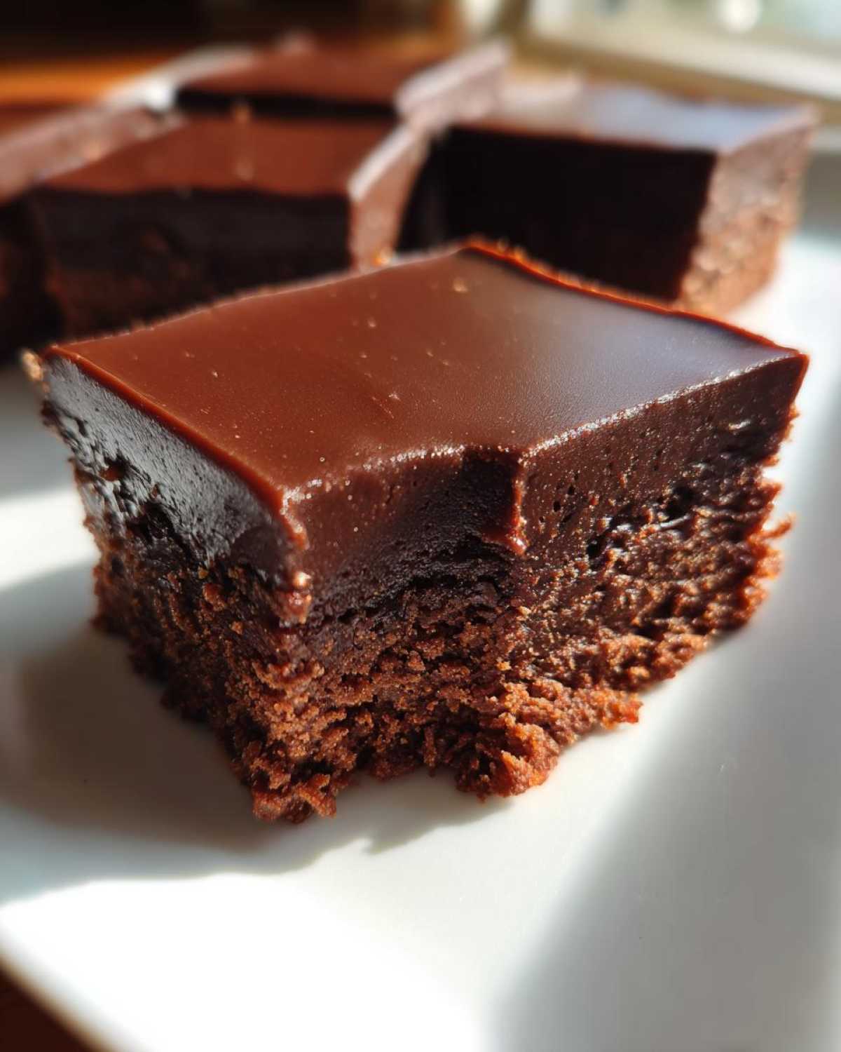 A close-up of a rich, dark square of No-Bake Espresso Chocolate Fudge Squares with a glossy top layer.