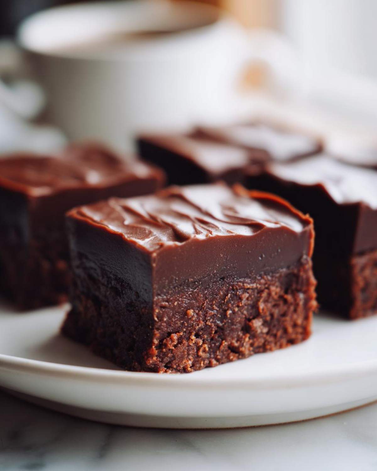 A close-up of rich, layered No-Bake Espresso Chocolate Fudge Squares served on a white plate.
