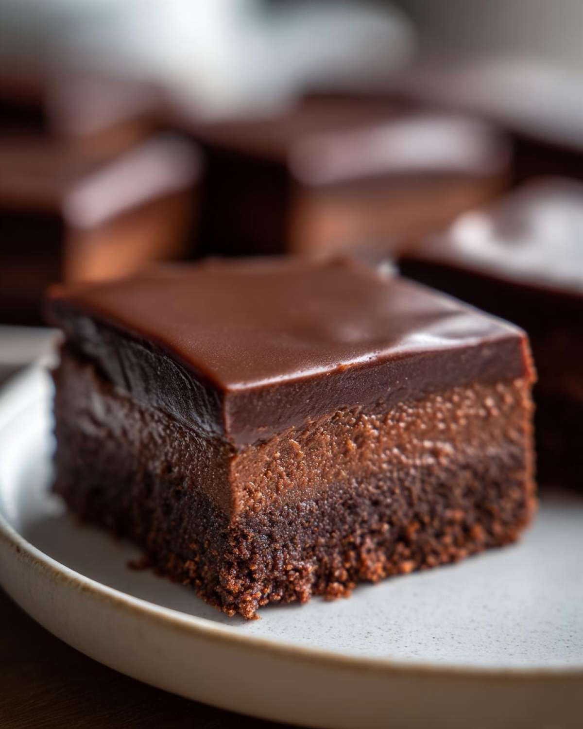 Close-up of a rich, layered No-Bake Espresso Chocolate Fudge Squares on a plate.