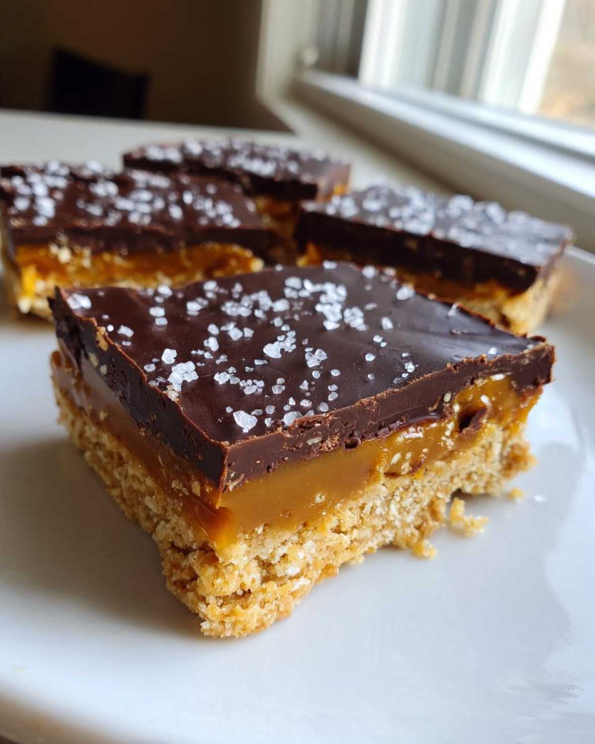 A close-up of a No-Bake Salted Caramel Pretzel Bar showing the pretzel crust, thick caramel layer, and chocolate topping sprinkled with sea salt.