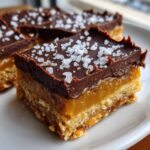 A close-up of a square No-Bake Salted Caramel Pretzel Bars slice topped with chocolate and flaky sea salt.