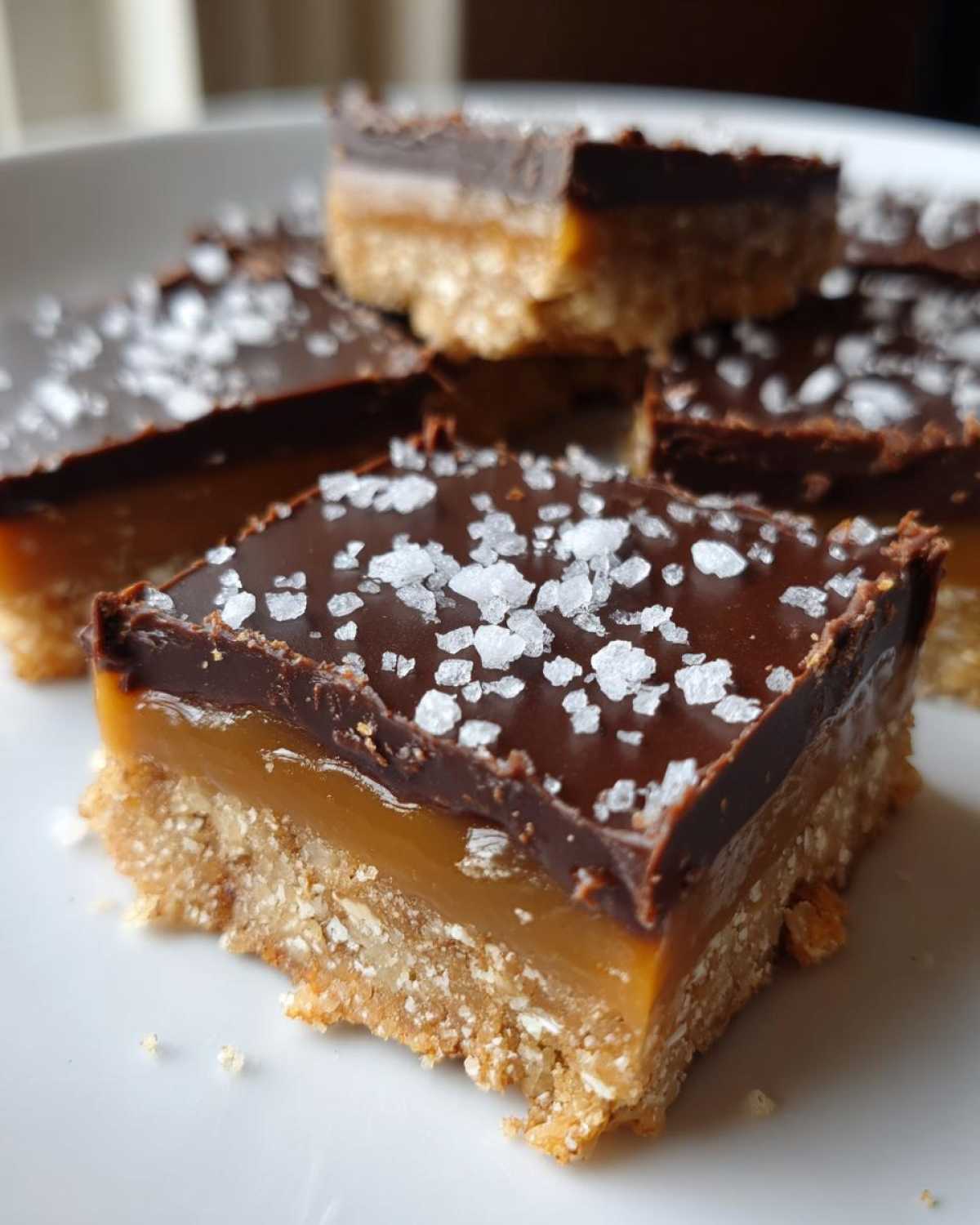 Close-up of No-Bake Salted Caramel Pretzel Bars topped with dark chocolate and flaky sea salt.