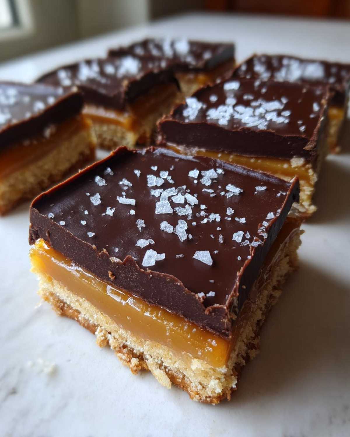 Close-up of several No-Bake Salted Caramel Pretzel Bars topped with dark chocolate and flaky sea salt.