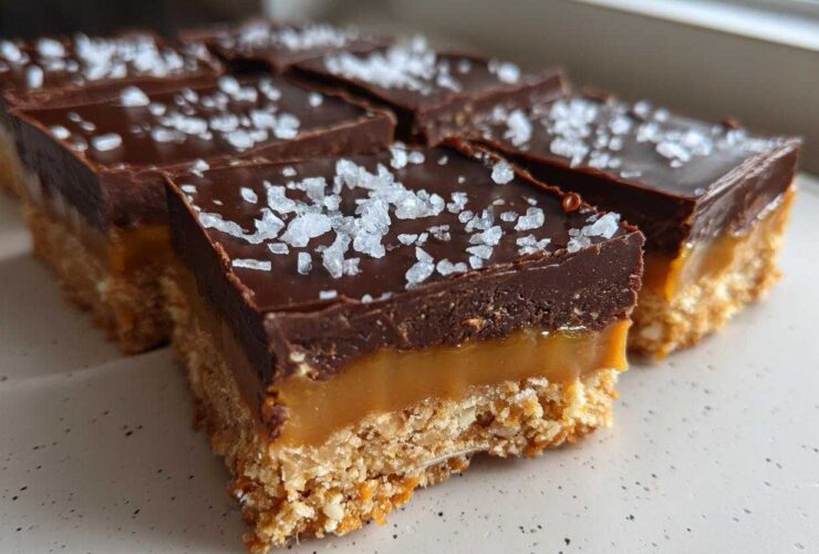 Close-up of several No-Bake Salted Caramel Pretzel Bars topped with flaky sea salt.