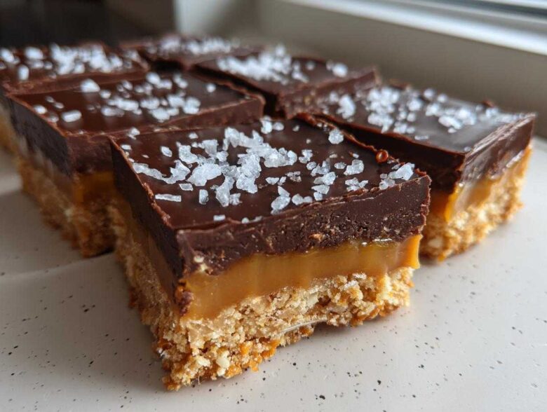 Close-up of several No-Bake Salted Caramel Pretzel Bars topped with flaky sea salt.