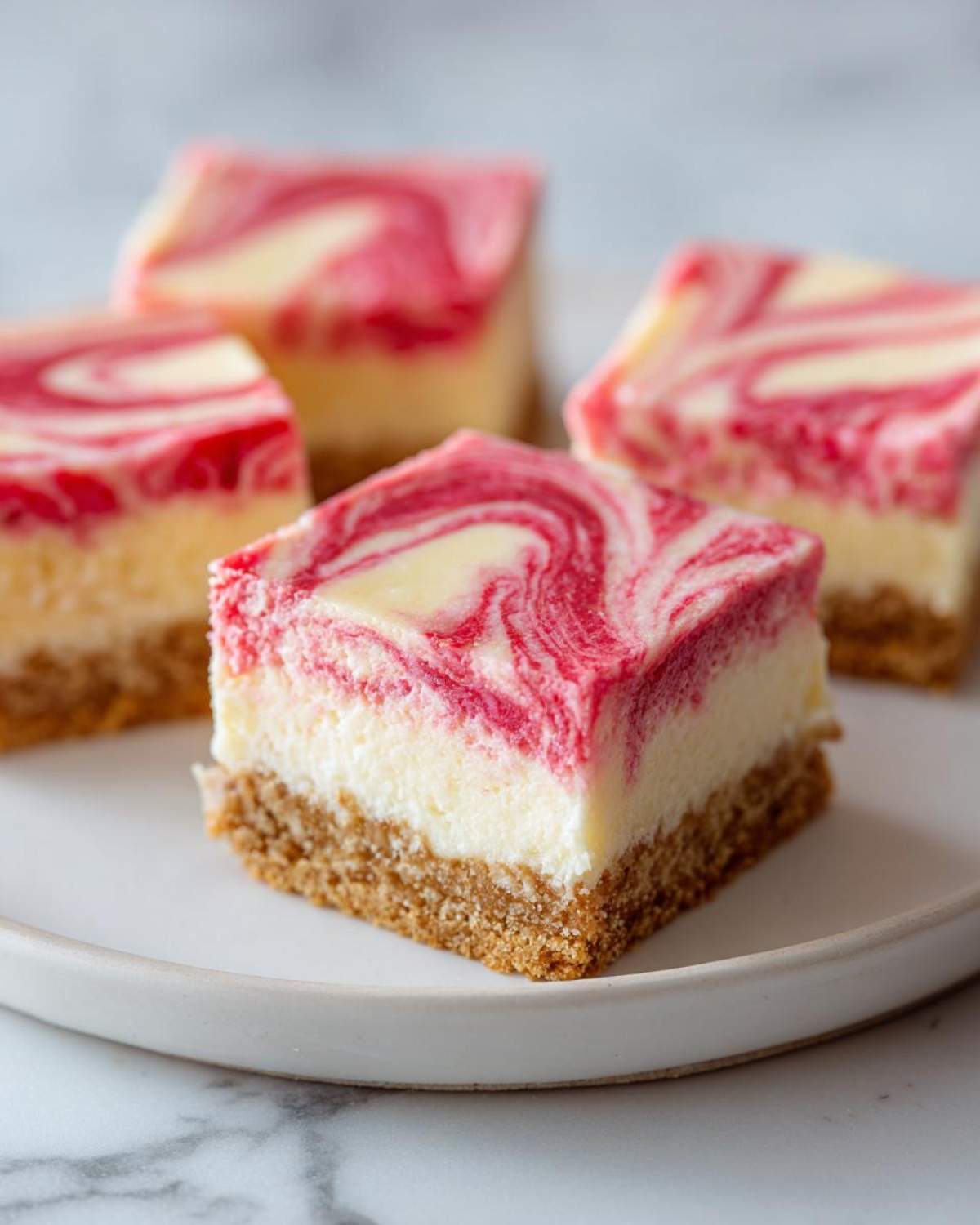 Close-up of square No-Bake Strawberry Lemon Cheesecake Bars with a graham cracker crust and swirled topping.