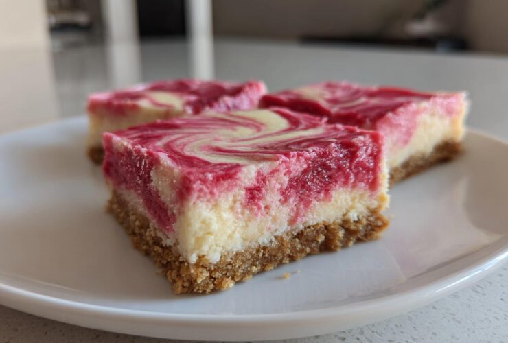 Three squares of No-Bake Strawberry Lemon Cheesecake Bars with a graham cracker crust and pink swirl topping.