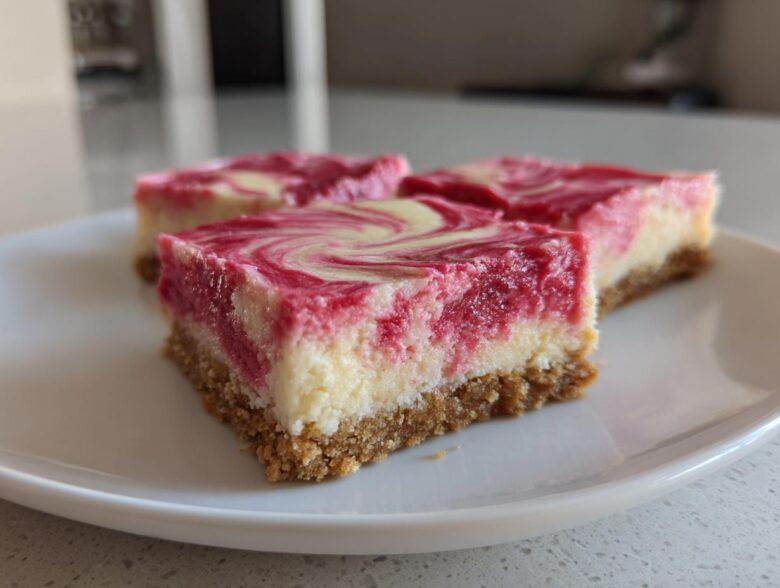 Three squares of No-Bake Strawberry Lemon Cheesecake Bars with a graham cracker crust and pink swirl topping.