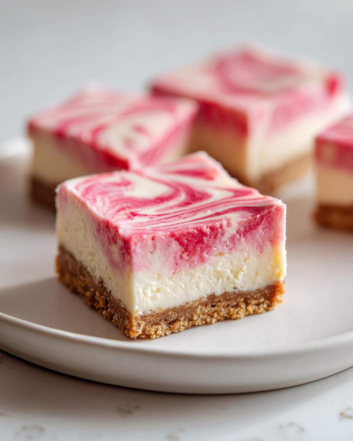 A square serving of No-Bake Strawberry Lemon Cheesecake Bars with a graham cracker crust and pink swirl topping.