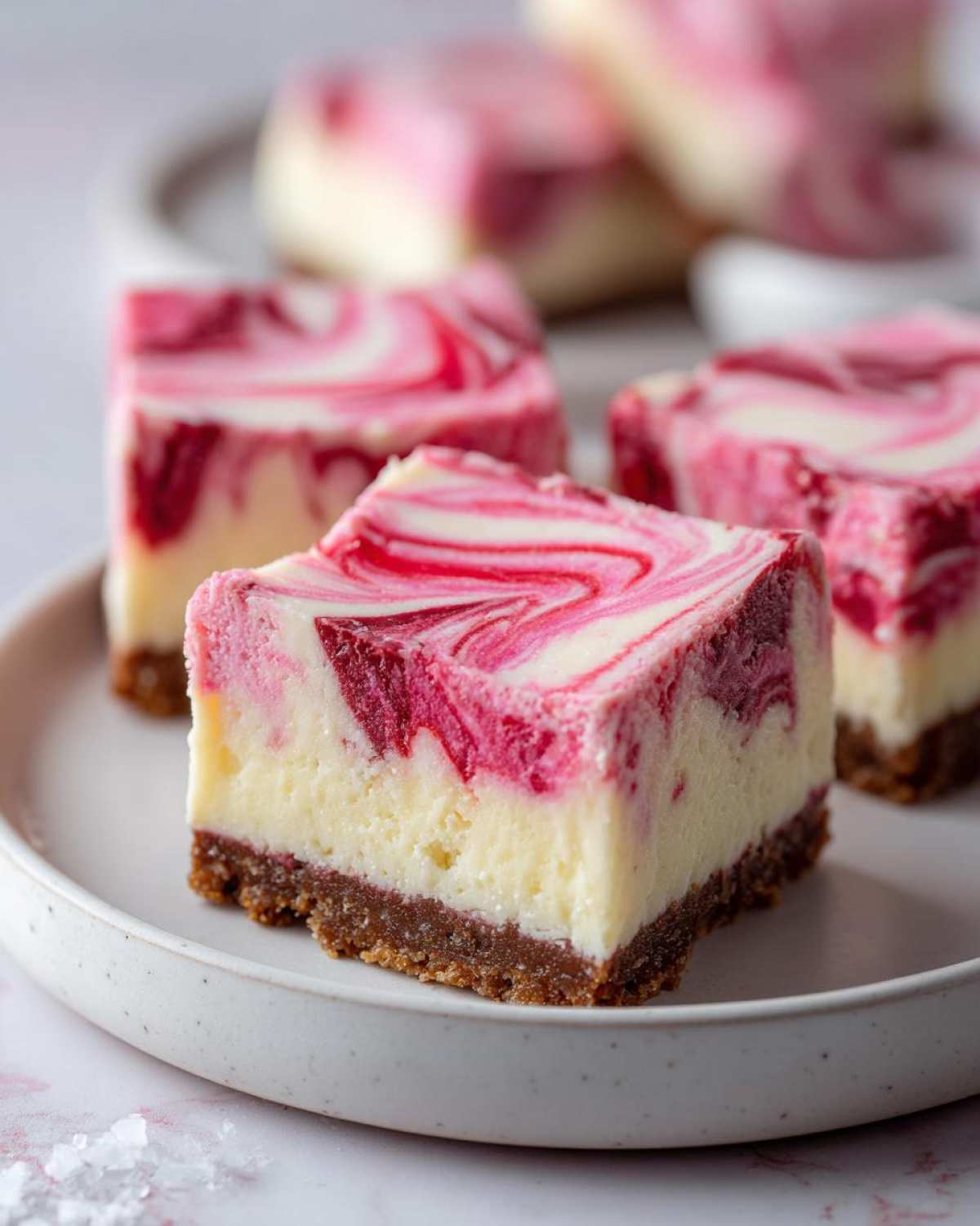 Close-up of No-Bake Strawberry Lemon Cheesecake Bars with a graham cracker crust and pink swirl topping.