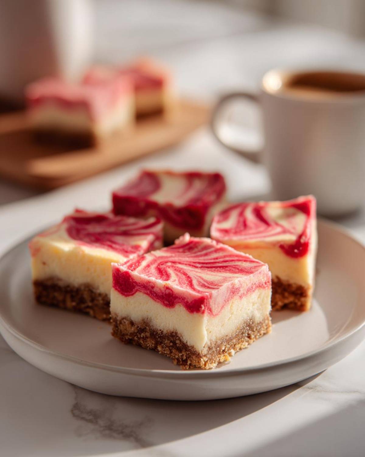 Four squares of No-Bake Strawberry Lemon Cheesecake Bars with a graham cracker crust and pink swirl topping.