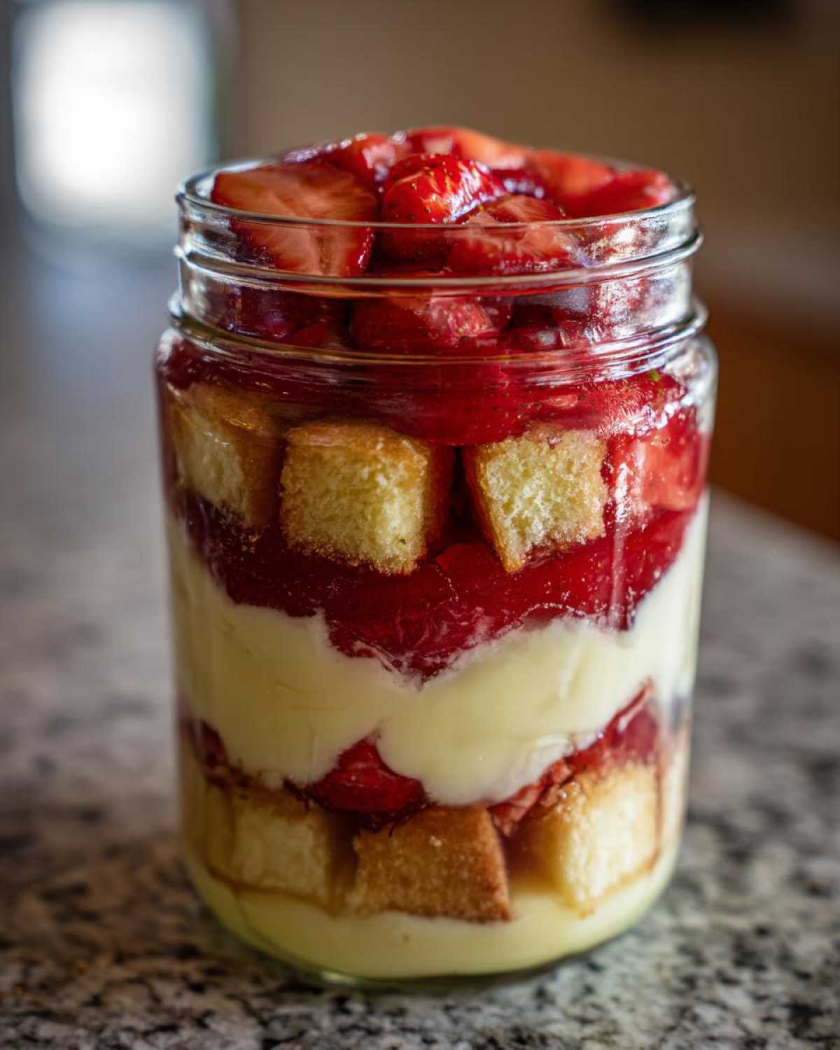 Close-up of a No-Bake Strawberry Shortcake Trifle Jar showing layers of cake, custard, and macerated strawberries.
