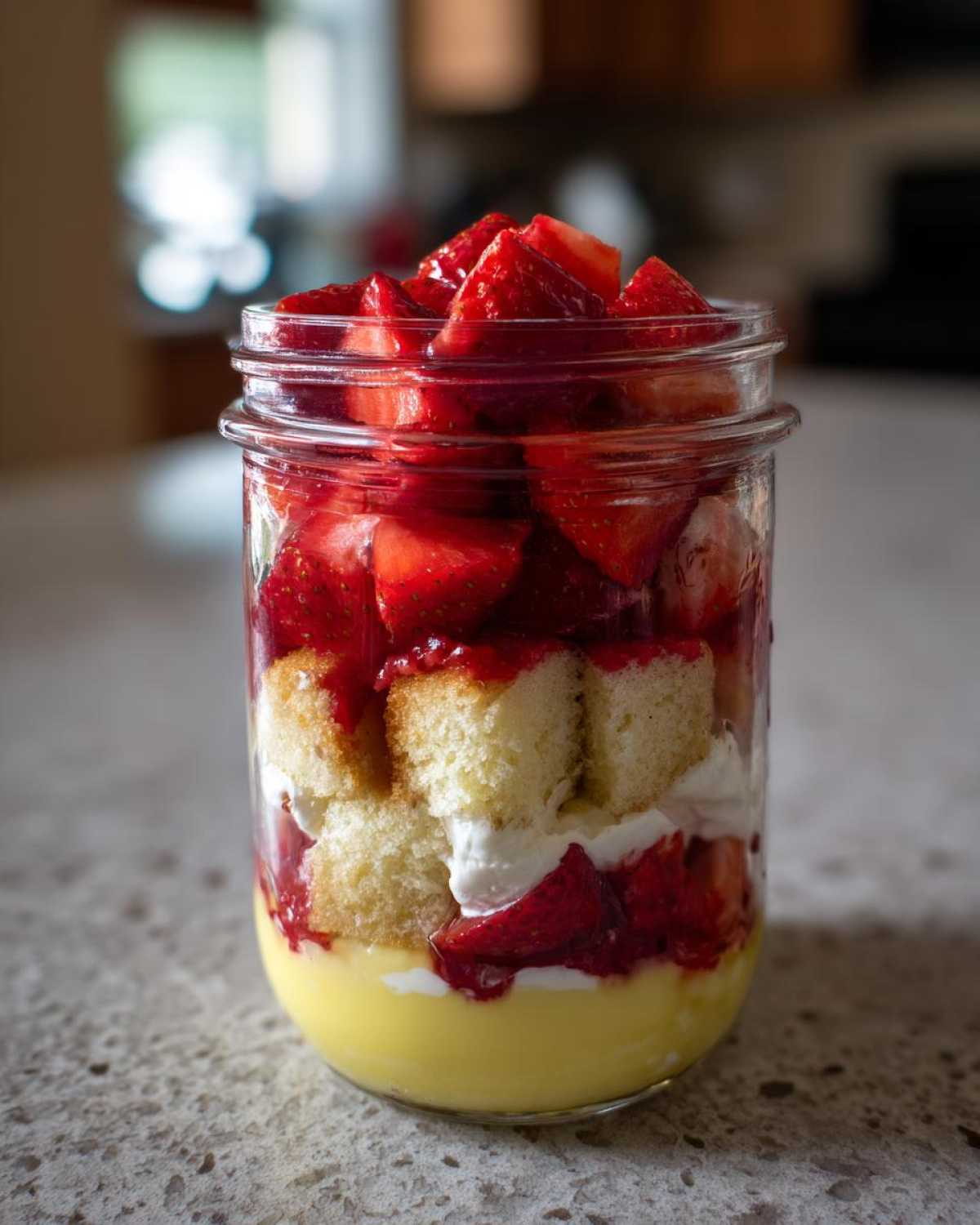 Close-up of a No-Bake Strawberry Shortcake Trifle Jar showing layers of custard, cake, cream, and fresh strawberries.