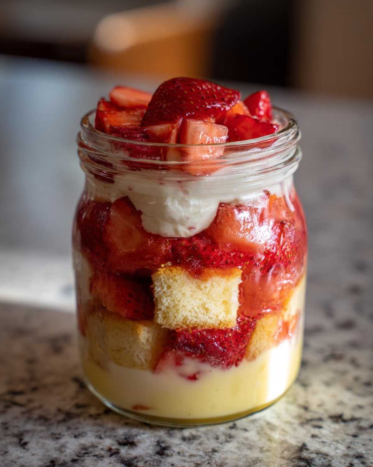 Close-up of a No-Bake Strawberry Shortcake Trifle Jar showing layers of cake, strawberries, cream, and custard.
