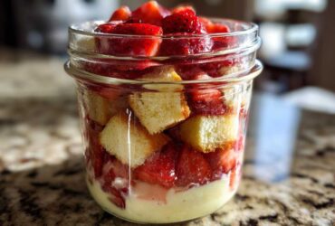 Close-up of a No-Bake Strawberry Shortcake Trifle Jar showing layers of cake, macerated strawberries, and cream.