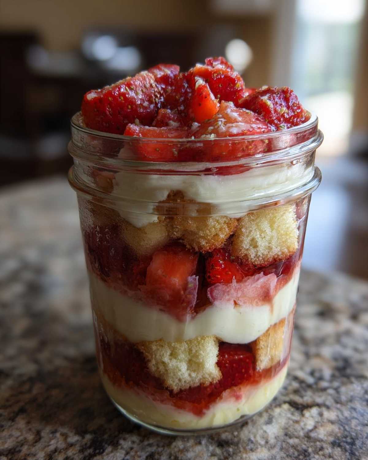 Close-up of a No-Bake Strawberry Shortcake Trifle Jar showing layers of cake, cream, and macerated strawberries.