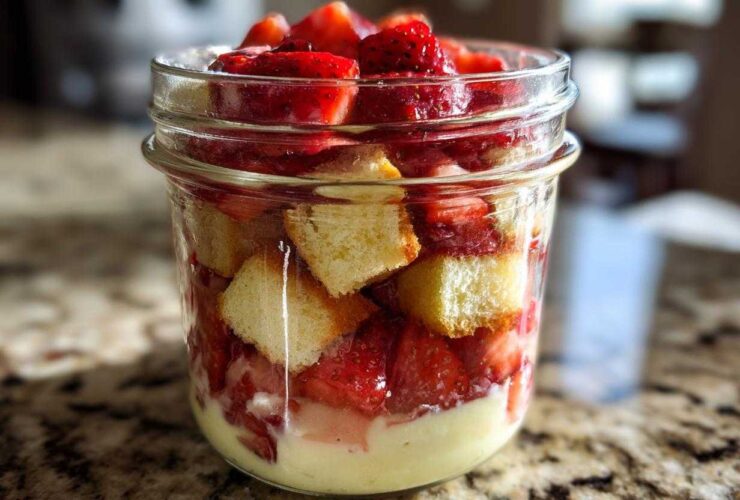 Close-up of a No-Bake Strawberry Shortcake Trifle Jar showing layers of cake, macerated strawberries, and cream.