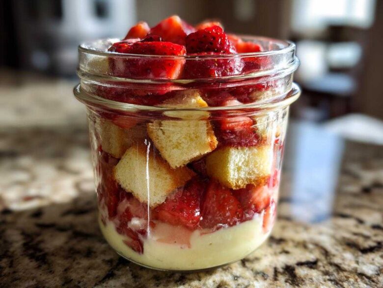Close-up of a No-Bake Strawberry Shortcake Trifle Jar showing layers of cake, macerated strawberries, and cream.