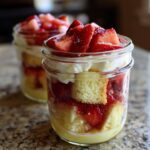 Close-up of No-Bake Strawberry Shortcake Trifle Jars layered with cake, strawberries, and cream in a mason jar.