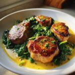 Four seared pork tenderloin medallions served over creamy garlic butter spinach.
