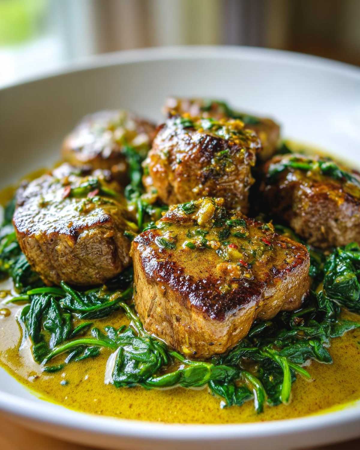 Close-up of seared One-Pan Creamy Garlic Butter Pork Tenderloin Medallions served over wilted spinach in a rich yellow sauce.