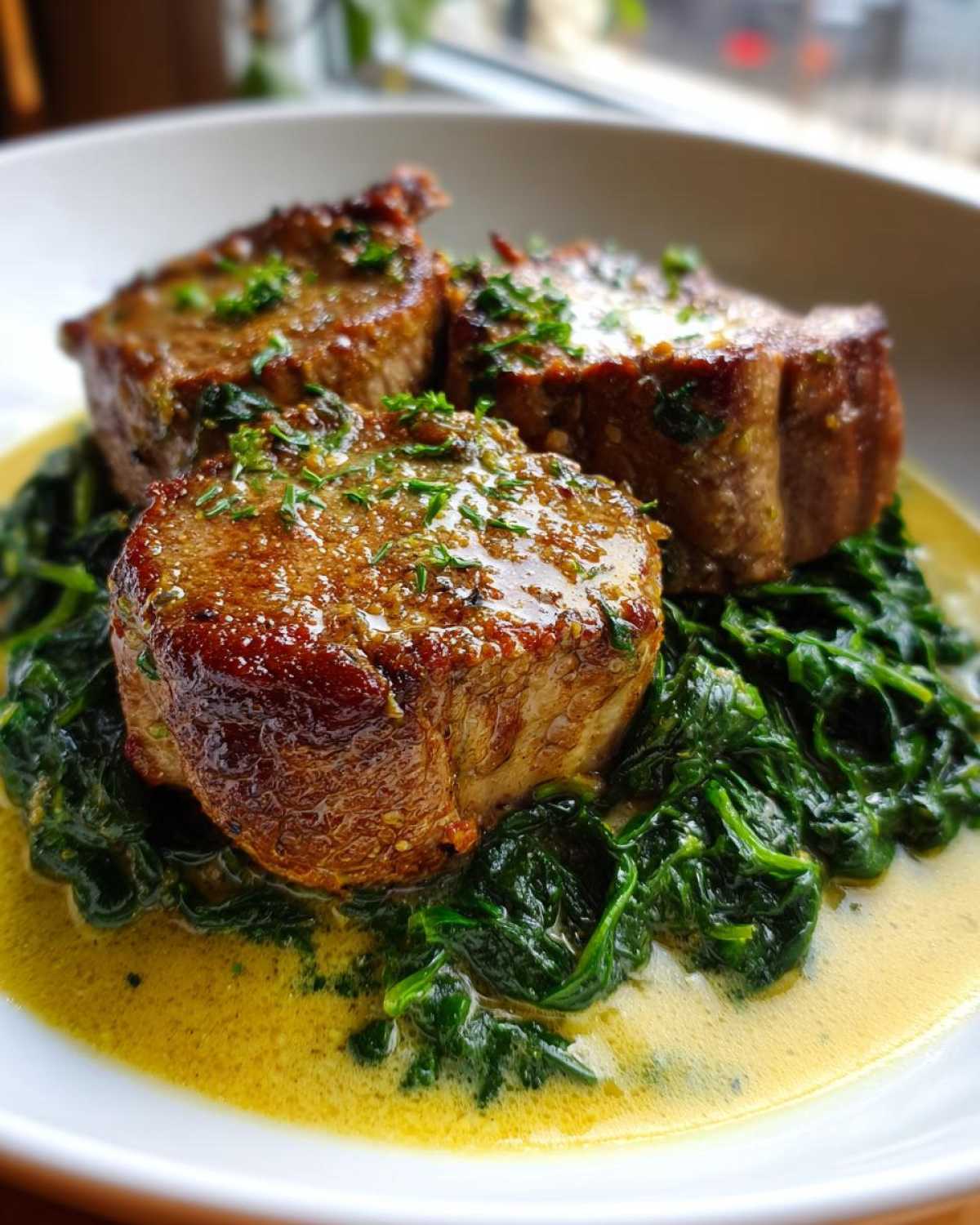 Three seared pork tenderloin medallions served over creamed spinach in a garlic butter sauce.