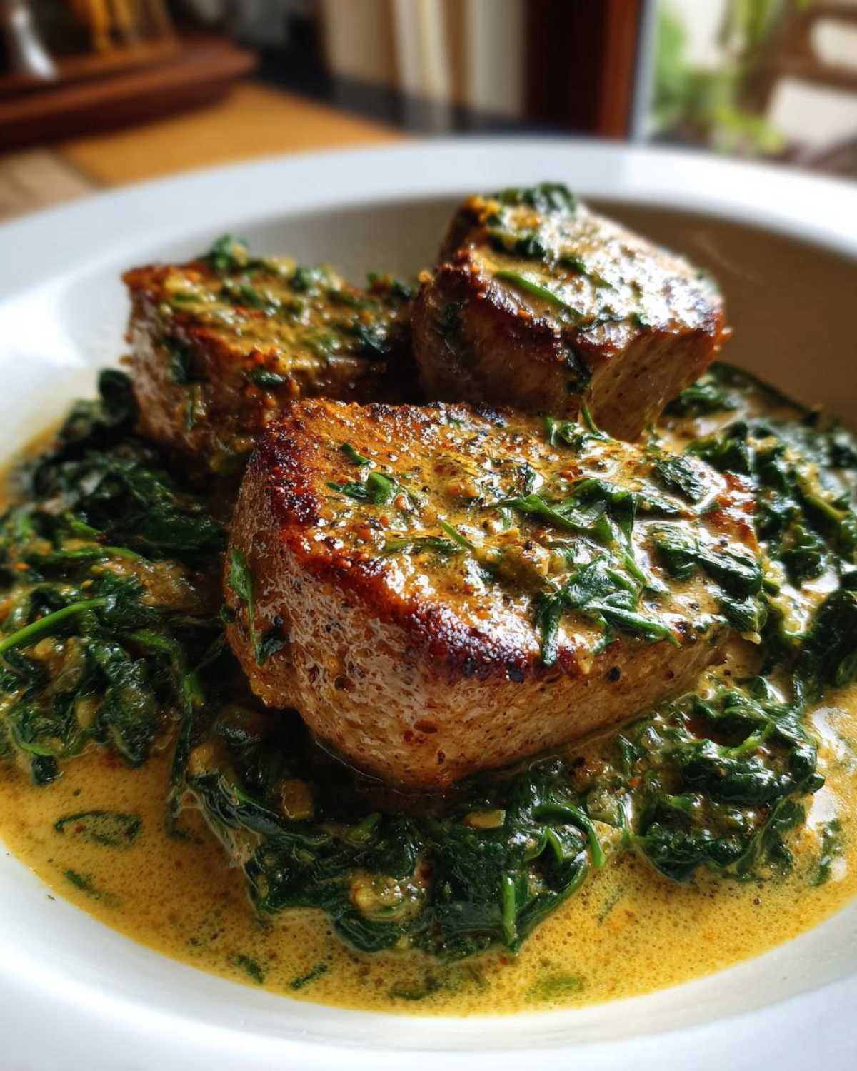 Three seared One-Pan Creamy Garlic Butter Pork Tenderloin Medallions served over wilted spinach in a rich sauce.
