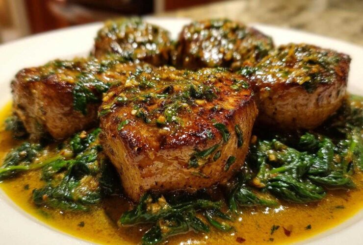 Close-up of seared One-Pan Creamy Garlic Butter Pork Tenderloin Medallions served over wilted spinach in a rich sauce.