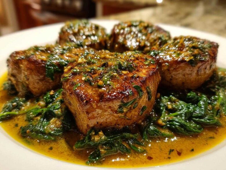 Close-up of seared One-Pan Creamy Garlic Butter Pork Tenderloin Medallions served over wilted spinach in a rich sauce.