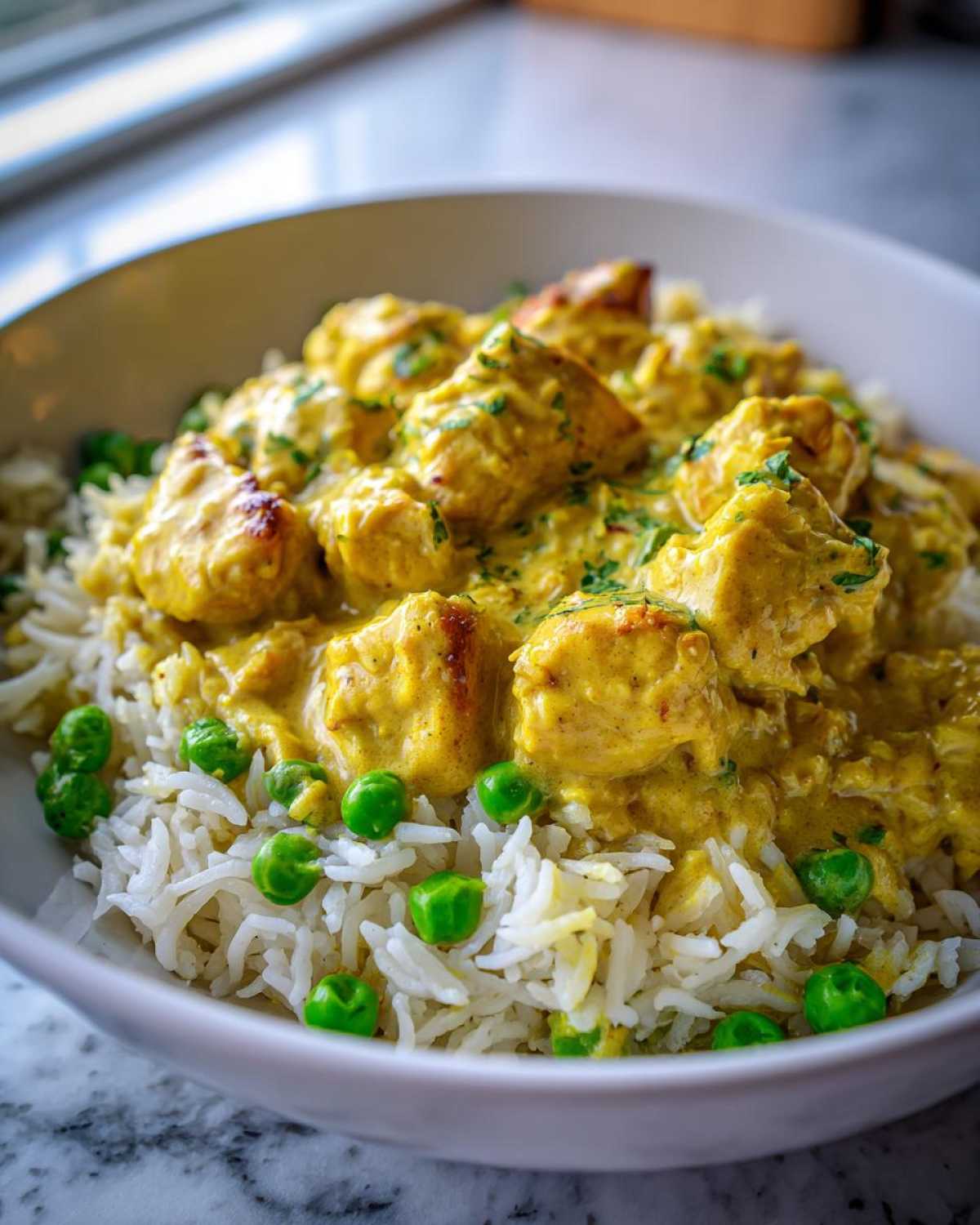 A close-up of One-Pot Coconut Curry Chicken and Rice served over white rice with bright green peas.