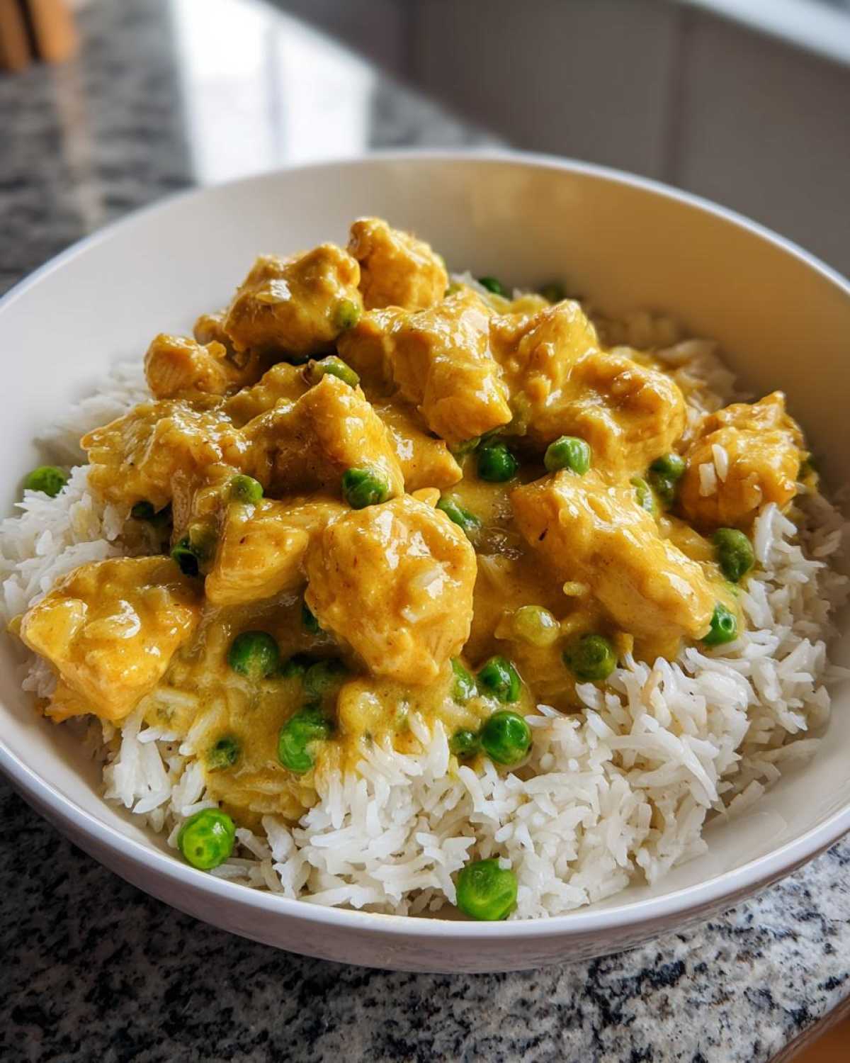 Close-up of One-Pot Coconut Curry Chicken and Rice served over white rice with bright green peas.